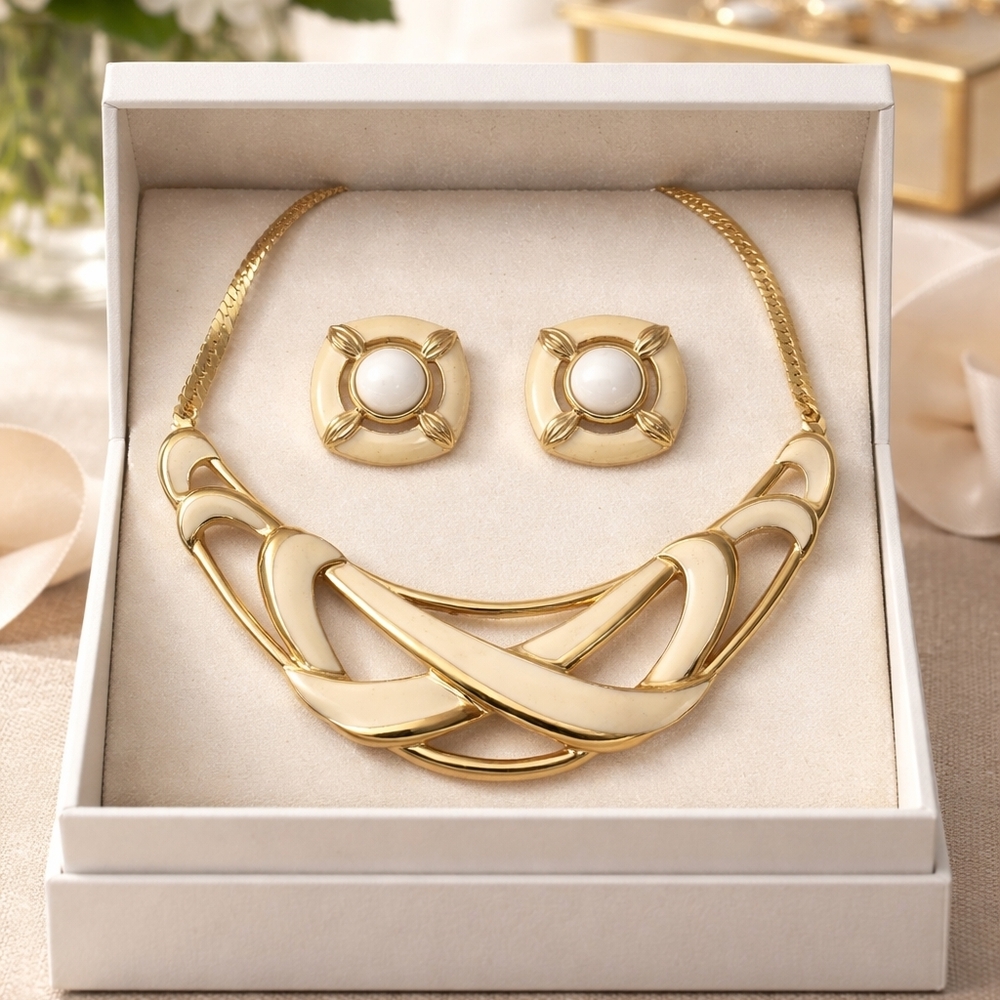 Gold and Cream Statement Necklace & Earring Set - Women Jewelry